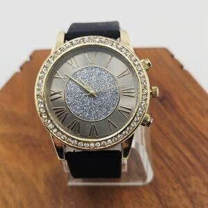 Jessica Carlyle Gold Tone Roman Numeral Glitz Watch Black Band Sparkle Glitter
